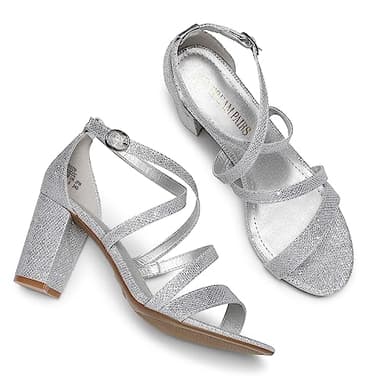 DREAM PAIRS Women’s Ankle Strap Dress Pump Low Chunky Heel Sandals,Size 8W,Silver-Glitter,MADISON - Image 5