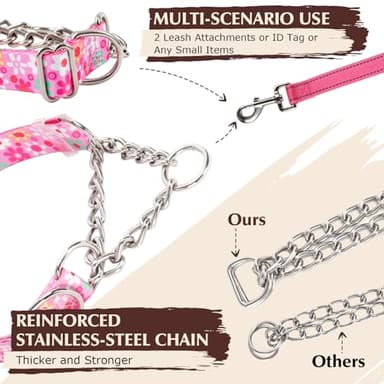 Martingale Collar for Dogs with Nylon & Steel Chain Limited Cinch Design, No Choke Dog Collar with Pink Flower Design, Adjustable No Pull Dog Collar, Great for Whippets, Greyhounds and More (XL) - Image 5