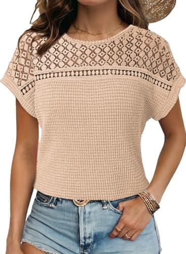 Dokotoo Womens Tops Summer Waffle Knit Oversized Shirt Henley Short Sleeve Tunic Tops Casual School Outfits for Teachers Loose Blouses Solid Color Tee T Shirts for Women 2025 Fashion Beige L - Image 1