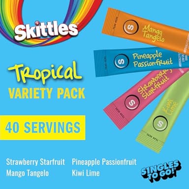 Skittles Singles To Go Tropical Variety Pack, Watertok Powdered Drink Mix, Zero Sugar, Low Calorie, Includes 4 Flavors: Strawberry Starfruit, Mango Tangelo, Kiwi Lime, Pineapple Passionfruit, 1 Box (40 Single Servings) - Image 2