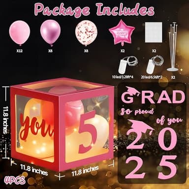 AYGXU Graduation decorations class of 2025 pink- Graduation Decorations, Balloons Box (4PCS) with letters&balloons,balloon stand set for table,LED String Light,graduation party decorations - Image 3