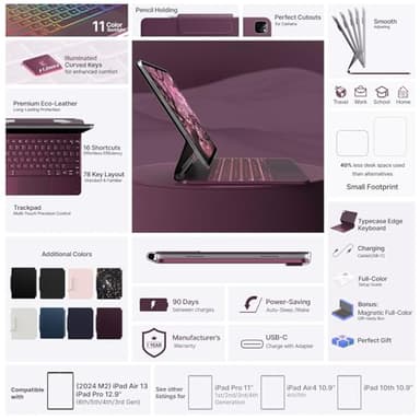 typecase Keyboard Case for iPad Air 13(M3 2025 / M2 2024) and iPad Pro 12.9 (6th, 5th, 4th, 3rd Gen),Magic Keyboard, Magnetic Keyboard Case with Multi-Touch Trackpad, 11 Colors Backlight,Raspberry - Image 6