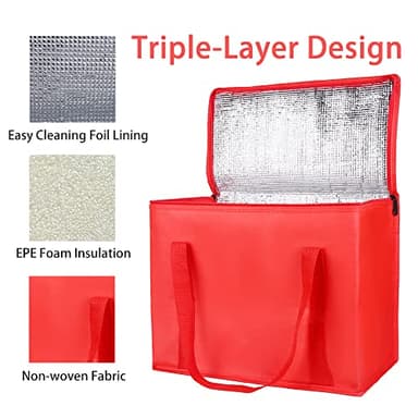 Bodaon 1-Pack Insulated Reusable Grocery Shopping Bags, X-Large Picnic Cooler Bag with Zipper Zippered Top Cold, Insulated Food/Pizza Delivery Bag (Red) - Image 5