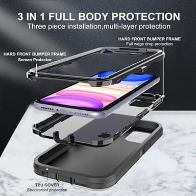 KaiMai for iPhone 11 Case with Explosion-Proof Film[2 Pack],3 in 1 Shockproof TPU Hard PC Bumper Drop-Proof Shell for iPhone 11,Black - Image 4