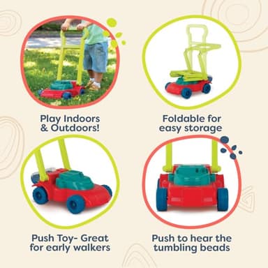 B. toys – Toy Lawn Mower – Bead Tumbler – Classic Push Toy for Kids, Toddlers – Easy Folding Storage – Indoor Outdoor Push Gardening Summer Toy – 3+ Years– Mini Mower - Image 3