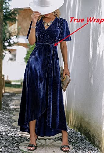 BerryGo Women's Formal Velvet Wrap Dress V Neck Cocktail Short Sleeve Swing Long Maxi Dress Navy L - Image 2