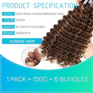 Human Braiding Hair 18 Inch 6 Bundles Human Hair Braiding Hair No Weft Deep Wave Bulk Human Hair for Braiding Hair Extensions for Boho Braids Wet and Wavy 150g P4/27# - Image 2