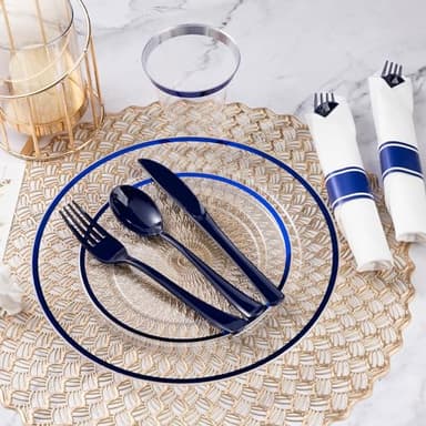 Goodluck 700 Piece Dark Blue Plastic Dinnerware Set for Party, Clear Disposable Plates for 100 Guests, Include: 100 Dinner Plates, 100 Dessert Plates, 100 Pre Rolled Napkins with Cutlery Set, 100 Cups - Image 5