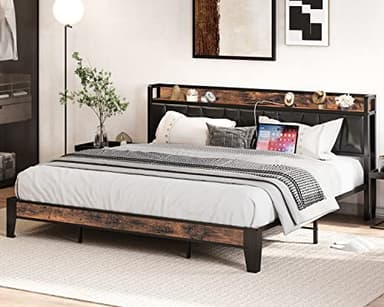 LIKIMIO King Bed Frame, Storage Headboard with Charging Station, Solid and Stable, Noise Free, No Box Spring Needed, Easy Assembly (Vintage and Black) - Image 3