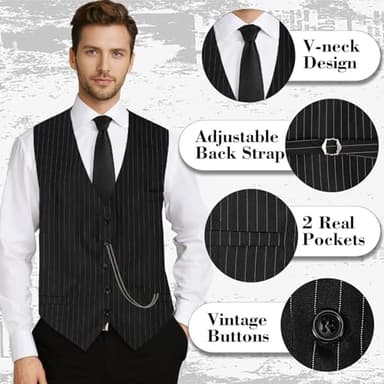 PARTTELY 1920s Mens Costume,Roaring 20s Costumes for Men,1920S Mens Outfit Accessories with Vest Hat Pocket Watch Tie Armband - Image 2
