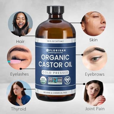 Florisan Organic Castor Oil 16oz Glass Bottle, Cold Pressed, Hexane-Free, Non-GMO, 100% Pure Castor Oil for Hair Growth, Skin, Lashes, Eyebrows, EWG Verified & USDA Organic Certified - Image 3