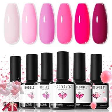 modelones Pink Gel Nail Polish Set 6 Colors, Hot Pink Tones Neon Pink White Gel Polish Magenta Light Soft to Dark 2025 All Seasons Halloween LED Nail Art for Nail Lovers Gift Salon DIY Starter Kit - Image 1