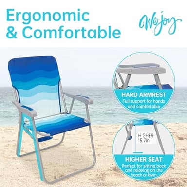 #WEJOY Folding Beach Chair for Adults, Lightweight Beach Chair with Shoulder Straps, High Back Camping Chairs with Hard Armrest, Supports 300lbs for Outdoor Lawn Concert (Dark Blue White) - Image 4