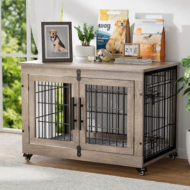 YaFiti Dog Crate Furniture with Cushion, Wooden Dog Kennel with Double Doors, Heavy Duty Dog Cage End Table with Wheels, Dog House Indoor for Small Medium Dogs up to 45 lb, 32.5” L, Grey - Image 1