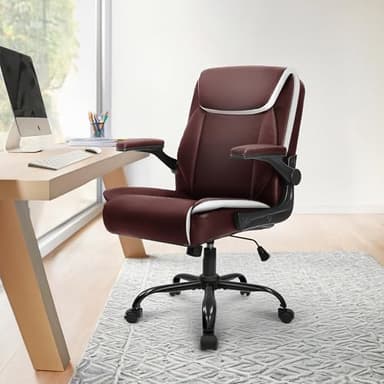 NEO CHAIR Office Desk Computer Chair Ergonomic Executive Mid-Back Leather Gaming Chair with Adjustable Flip-Up Armrests Wheels Swivel for Home Study Task (Brown) - Image 9
