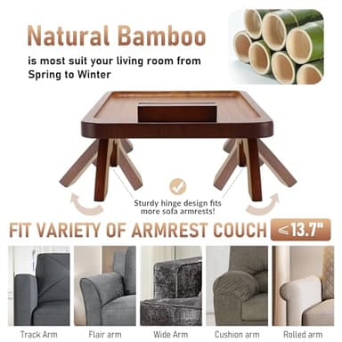 SINWANT Couch Arm Tray, Bamboo Couch Arm Table with 360° Rotating Phone Holder,Sofa Armrest Tray for Eating,Drinks,Snacks, Remote Control - Image 4