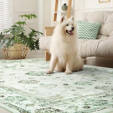 FinRèc 6x9 Rugs for Living Room, Washable Vintage Floral Bedroom Rug, Non-Slip Low Pile Area Rug, Ultra-Thin Foldable Accent Indoor Carpet for Kitchen Dining Room Kids Room Home Office - Green - Image 4