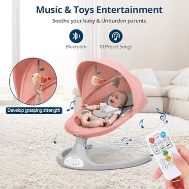Bioby Baby Swing for Infants with 5 Natural Sway Speeds, Portable Bt Music Baby Bouncer with Remote Control & 5-Point Harness, Lightweight Baby Rocker for 5-20 Lb,0-12 Months Pink - Image 4