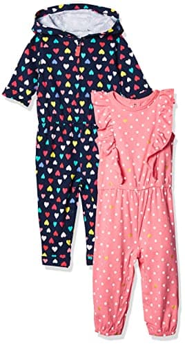Baby Girl's 2-Pack One Piece Romper Pants, Navy Heart/Pink Dot, Newborn - Image 1