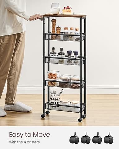 VASAGLE Slim Rolling Cart, 5-Tier Storage Cart, Narrow Carts with Handle, 5.1 Inches Deep, Metal Frame, for Kitchen, Dining Room, Living Room, Home Office, Rustic Brown and Classic Black ULRC034B01 - Image 5