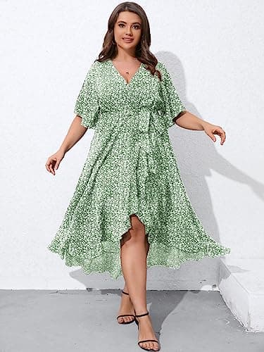 SCOMCHIC Women's Plus Size Long Dresses Short Sleeve High Low Split Flowy Beach Maxi Dress Green 3XL - Image 5