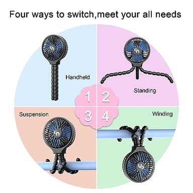 WiHoo Portable Stroller Fan, 11H Ultra-long Battery Life 3 Speed 360°Rotate, USB Rechargeable or Battery Operated Cooling Clip On Personal Fan for Baby Crib Travel Car Seat Black - Image 3