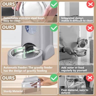 HWONMTE Portable Automatic Cat Feeder and Water Dispenser with Stainless Steel Bowl Dog Gravity Food Feeder and Waterer for Small Medium Pets Puppy Kitten 1 Gallon x 2 (Silver Gray) - Image 3