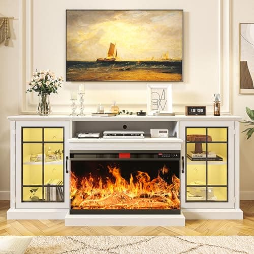 oneinmil Fireplace TV Stand with 3-Sided Glass, TV Cabinet for TVs up to 85", 80'' Modern Media Entertainment Center with Farmhouse Glass Door Storage Cabinets, for Living Room, White - Image 1