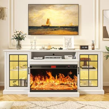 oneinmil Fireplace TV Stand with 3-Sided Glass, TV Cabinet for TVs up to 85", 80'' Modern Media Entertainment Center with Farmhouse Glass Door Storage Cabinets, for Living Room, White - Image 1