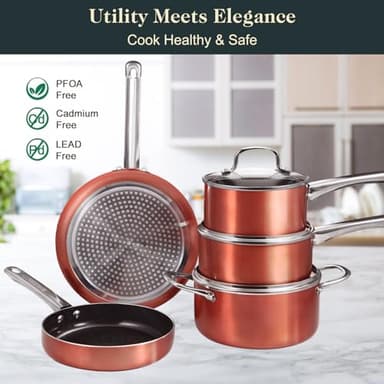 M MELENTA Pots and Pans Set Non Stick, 11pcs Ceramic Cookware Set, Non Toxic Induction Cookware, Kitchen Cooking Set w/Fry Pans, Saucepans, Oven Safe, Copper - Image 7