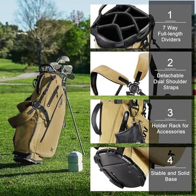 KVV Lightweight Golf Stand Bag with 7 Way Full-Length Dividers, 5 Zippered Pockets, Automatically Adjustable Dual Straps，Elegant Design(Khaki) - Image 3