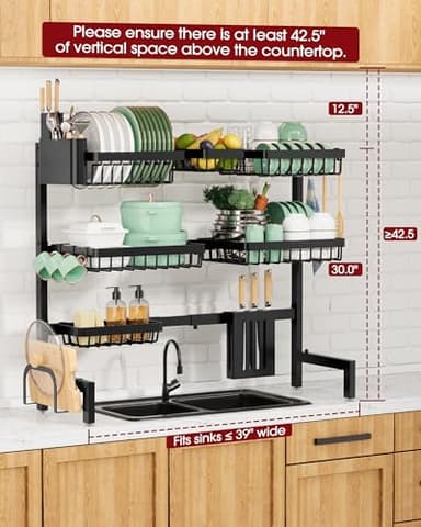Sakugi Dish Drying Rack - Over The Sink Dish Drainer Drying Rack with Utensil & Knife Holder, Hooks, Stainless Steel Kitchen Organizers and Storage Solution, 11.8" D x 31.5"~39.0''W x 30" H, Black - Image 7