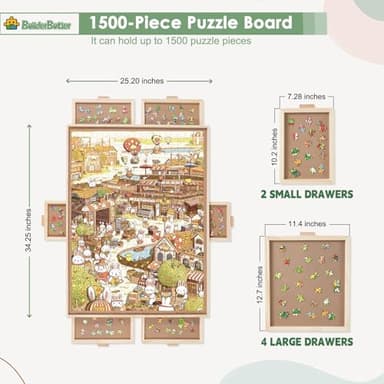 BuilderButler 1500 Pieces Rotating Puzzle Board with 6 Drawers,34.25"x25.2" Portable Wooden Jigsaw Puzzle Table with Lazy Susan Spinning Cover - Image 3