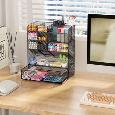 OPNICE Desk Organizers and Accessories, Pen Holder for Desk Organizer with Drawer, Pencil Holder Office Desk Accessories Workspace Desktop Organizer for School Home Office Art Supplies（Black） - Image 3