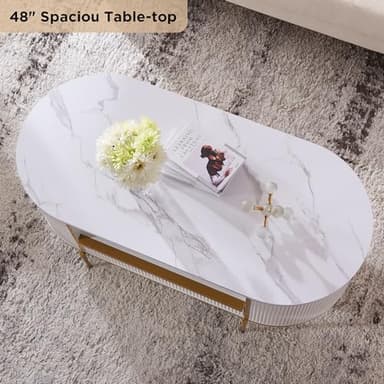 OKD Modern Luxury Fluted Coffee Table, 48" Oval Coffee Table with Drawer, Faux Marble Top, Curved Profile Design, Gold Metal Decor, Center Table for Living Room, Off White - Image 3