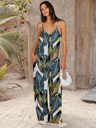 ANRABESS Women Jumpsuits 2025 Casual Sleeveless Spaghetti Strap Boho Wide Leg Rompers Dressy Summer Outfits Vacation Clothes Leaf print XX-Large - Image 5
