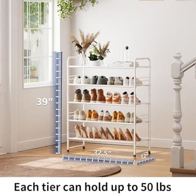 SUFAUY 33" Wide Shoe Rack, 5-Tier Shoe Storage Rack for 24-30 Pairs of Shoes, Mesh Shoe Organizer for Entryway Closet, Steel Frame, Industrial, White - Image 3