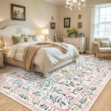 Area Rugs 9x12 Living Room: Floral Washable Rug Vintage Large Soft Boho Non-Slip Carpet Indoor Stain Resistant Low Pile Carpets for Bedroom Dining Room Farmhouse Nursery Hallway Home Office Pink Green - Image 3