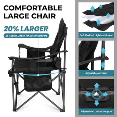 FUNDANGO Oversized Camping Chair for Adults, Heavy Duty Portable Foldable Lawn Chair with Padded Seat & Back, Lumbar Support, 4-can Cooler & Cup Holder, Carry Bag Included for Outdoor (Black) - Image 5