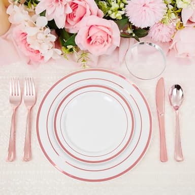 WELLIFE 600 PCS Rose Gold Disposable Dinnerware Set for 100 Guests, Valentine's Day Plate, 100 Each-Dinner & Salad Plates, Cups, Forks Knives Spoons for Wedding Reception and Mothers Day Plates - Image 3