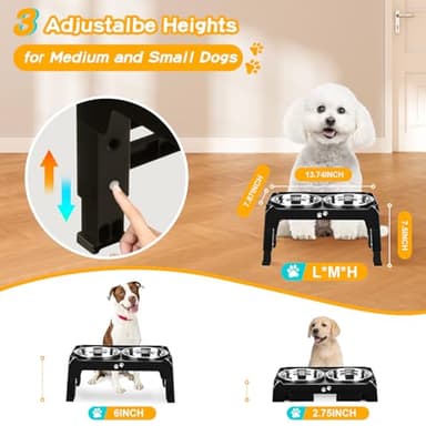 COMESOON Elevated Dog Bowls for Small Medium Dogs, 3 Height Adjustable Raised Stand with 2 Thick 6" Stainless Steel Food Bowls, Non-Slip Feeder Adjusts to 2.75", 6", 7.5", Black - Image 2
