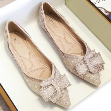 LiupanUp Women's Pointed Rhinestone Flat Shoes Glitter Flowers Wedding Comfortable Dress Shoes 1Apricot size9 - Image 4