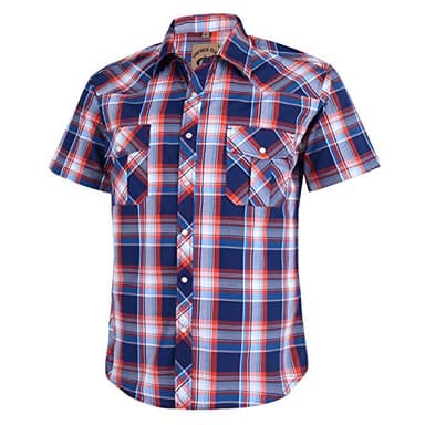 COEVALS CLUB Men's Western Plaid Pearl Snap Buttons Two Pockets Casual Short Sleeve Shirts (Blue, Red/L, 15#) - Image 1