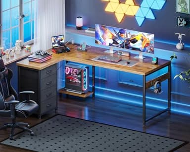 Casaottima 53'' L Shaped Desk with Drawers, Reversible Computer Desk with Storage, Gaming Table with Power Outlets, USB Ports, PC Case Shelf, Corner Desk for Home Office, Easy Assembly, Vintage - Image 8