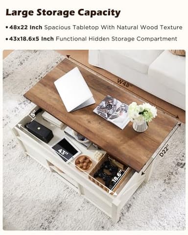OKD 48" Farmhouse Lift Top Coffee Table with Sliding Barn Door,Rustic Center Table with Hidden Storage Compartment,Lifting Tabletop and Adjustable Shelf for Living Room,Office,Antique White - Image 4