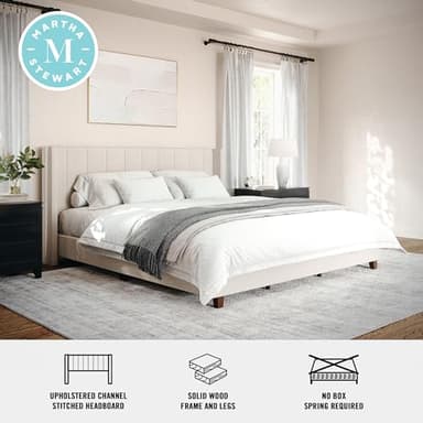 Martha Stewart Kay Low Profile Platform Bed with Wingback Headboard, Channel Stitched Faux Linen Upholstery, No Box Spring Needed, King, Beige - Image 4