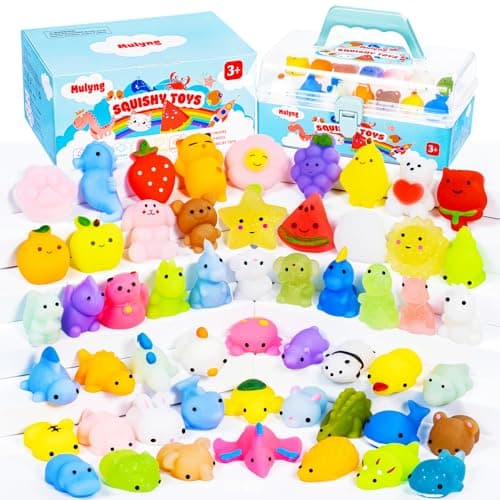 Mulyng Mochi Squishy Toys 80 Pack, Kawaii Squishies Fidget Toy for Kids Party Favor Christmas Birthday Gift Easter Goodie Bags Fillers Classroom Prizes with Storage Box, Non Duplicates (80 Pack) - Image 1
