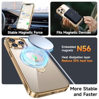 [Tri-Shield Protection] for iPhone 15 Pro Max Case with 360° Spin Stand Compatible with MagSafe [Magnetic CD Ring] [Screen & Camera Lens Protector] Shockproof Plating Never-Yellowing, Gold-6.7" - Image 6