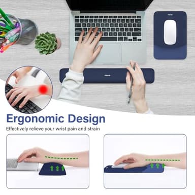 MOSISO Wrist Rest Support for Mouse Pad&Keyboard Set, Rectangular Ergonomic Mousepad Non-Slip Base Home/Office Pain Relief&Easy Typing Pad with Neoprene Cloth&Raised Curved Memory Foam, Navy Blue - Image 2