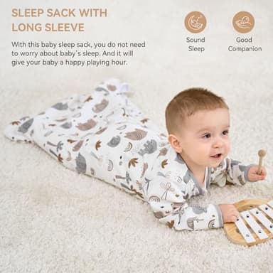 FIEMOL Baby Sleep Sack 6-12 Months, Long Sleeve Baby Wearable Blanket 0.5 Tog with Mittens, 2-Way Zipper Infant Cotton Sleeping Sack for Boy and Girl Grey Elephant 2 Pack (Medium) - Image 3